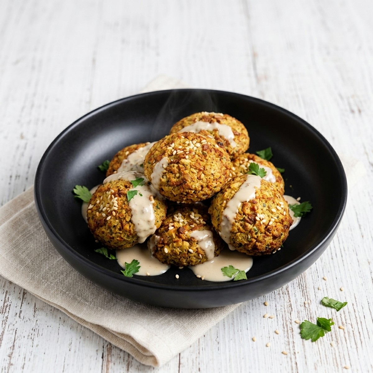 6 Baked Oil Free Falafels & Tahini Sauce